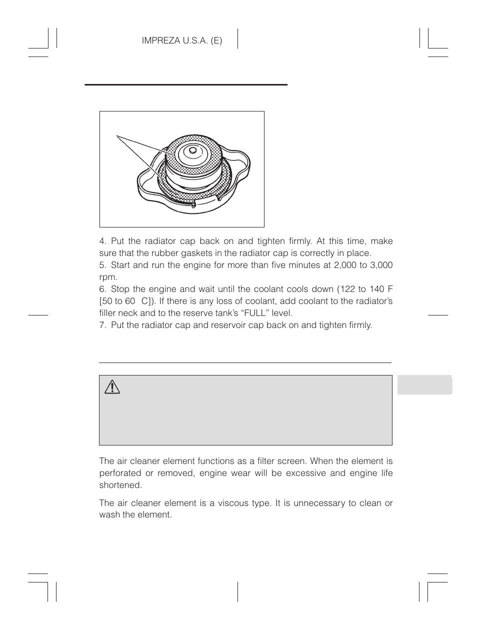 Air cleaner element, Warning | Subaru Impreza 2.2L MT User Manual | Page 273 / 328