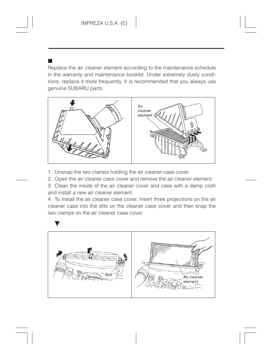 Replacing the air cleaner element | Subaru Impreza 2.2L MT User Manual | Page 274 / 328