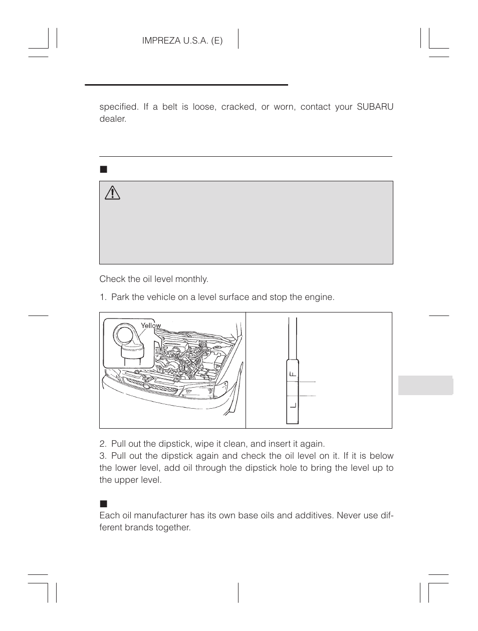 Manual transmission oil, Checking the oil level, Recommended grade and viscosity | Warning | Subaru Impreza 2.2L MT User Manual | Page 277 / 328