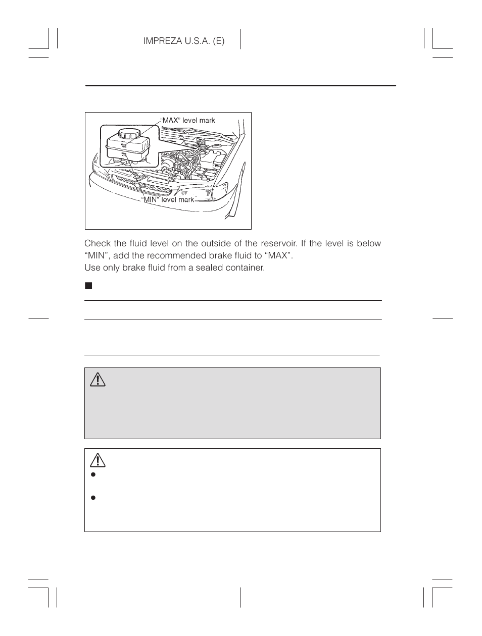 Recommended brake fluid, Clutch fluid (2.5 liter mt models), Warning | Caution | Subaru Impreza 2.2L MT User Manual | Page 286 / 328