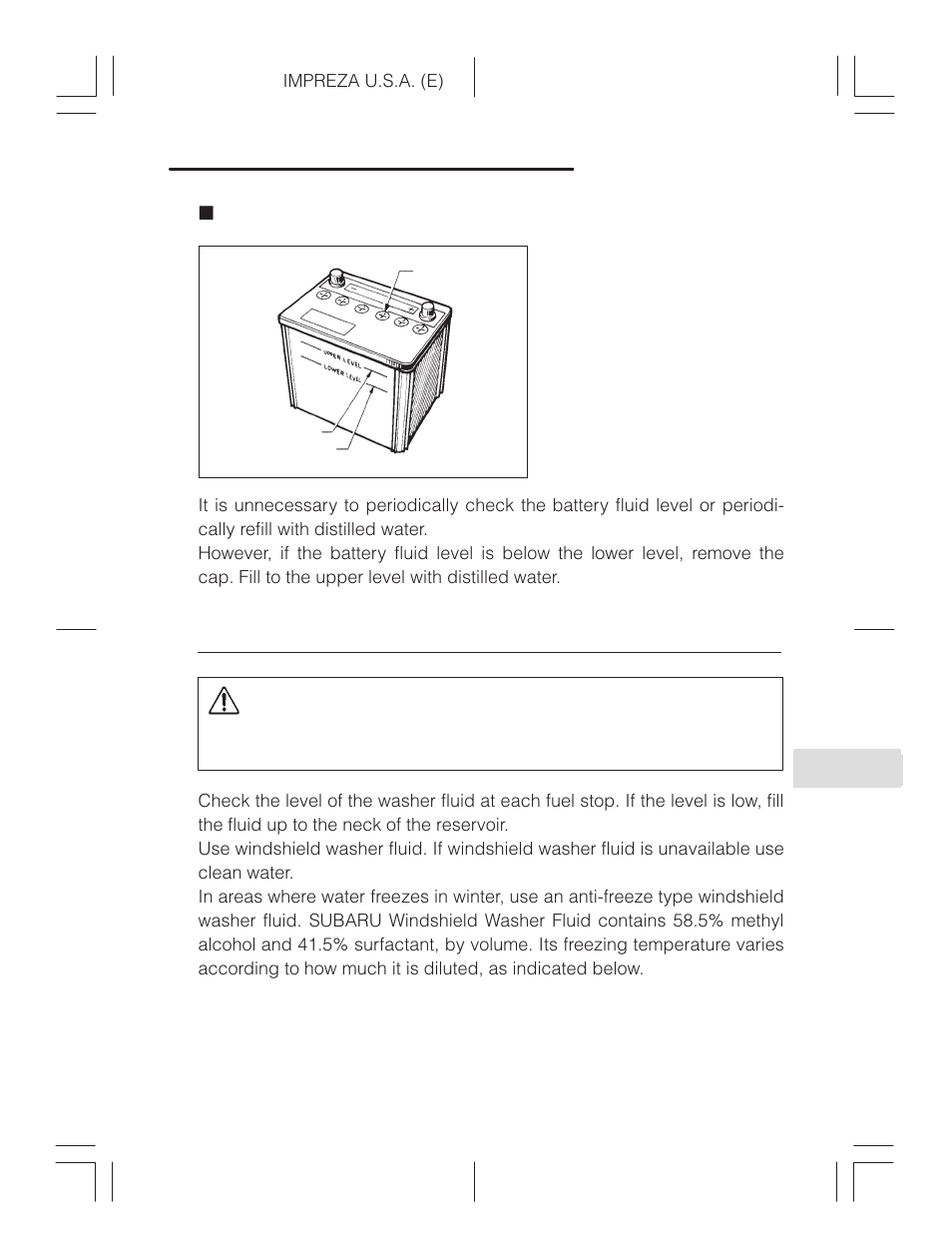 Checking the fluid level, Windshield washer fluid, Caution | Subaru Impreza 2.2L MT User Manual | Page 289 / 328