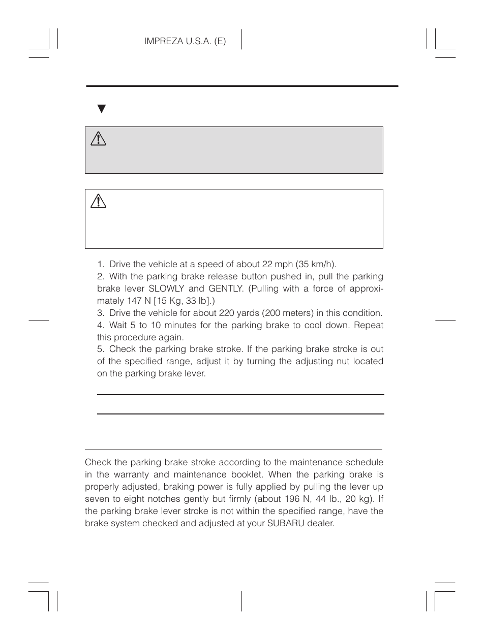 Parking brake stroke, Warning, Caution | Subaru Impreza 2.2L MT User Manual | Page 296 / 328