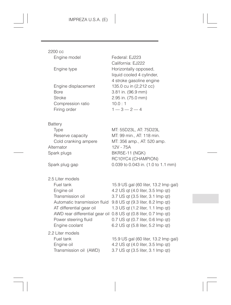 Electrical system, Capacities | Subaru Impreza 2.2L MT User Manual | Page 318 / 328