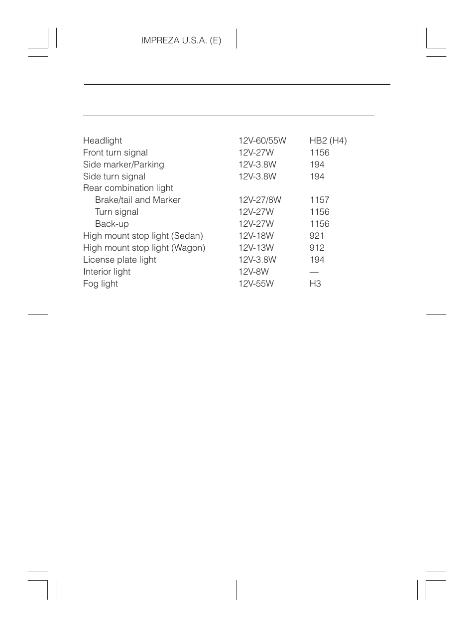 Bulb chart | Subaru Impreza 2.2L MT User Manual | Page 323 / 328