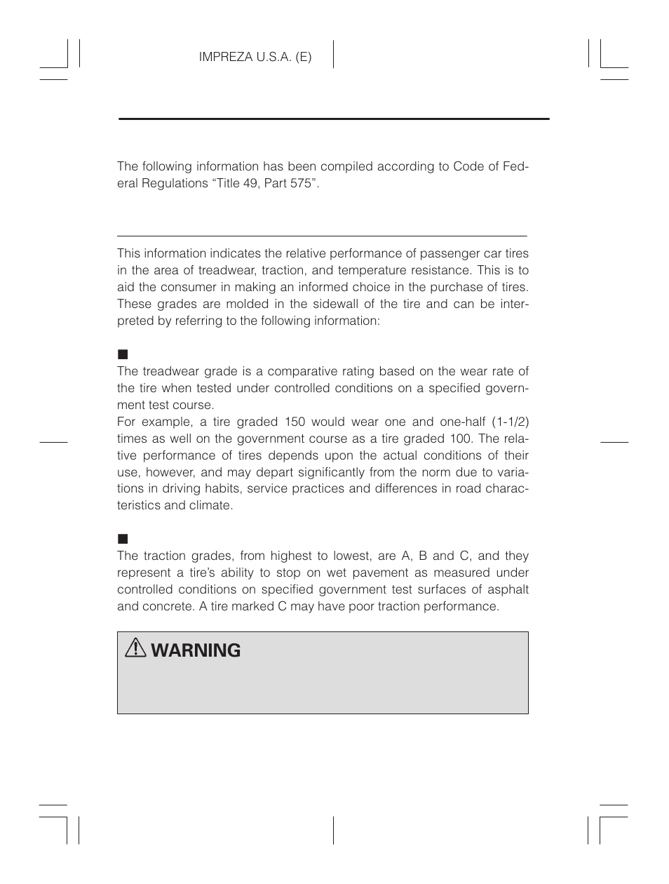 Uniform tire quality grading standards, Treadwear, Traction a, b, c | Warning | Subaru Impreza 2.2L MT User Manual | Page 326 / 328