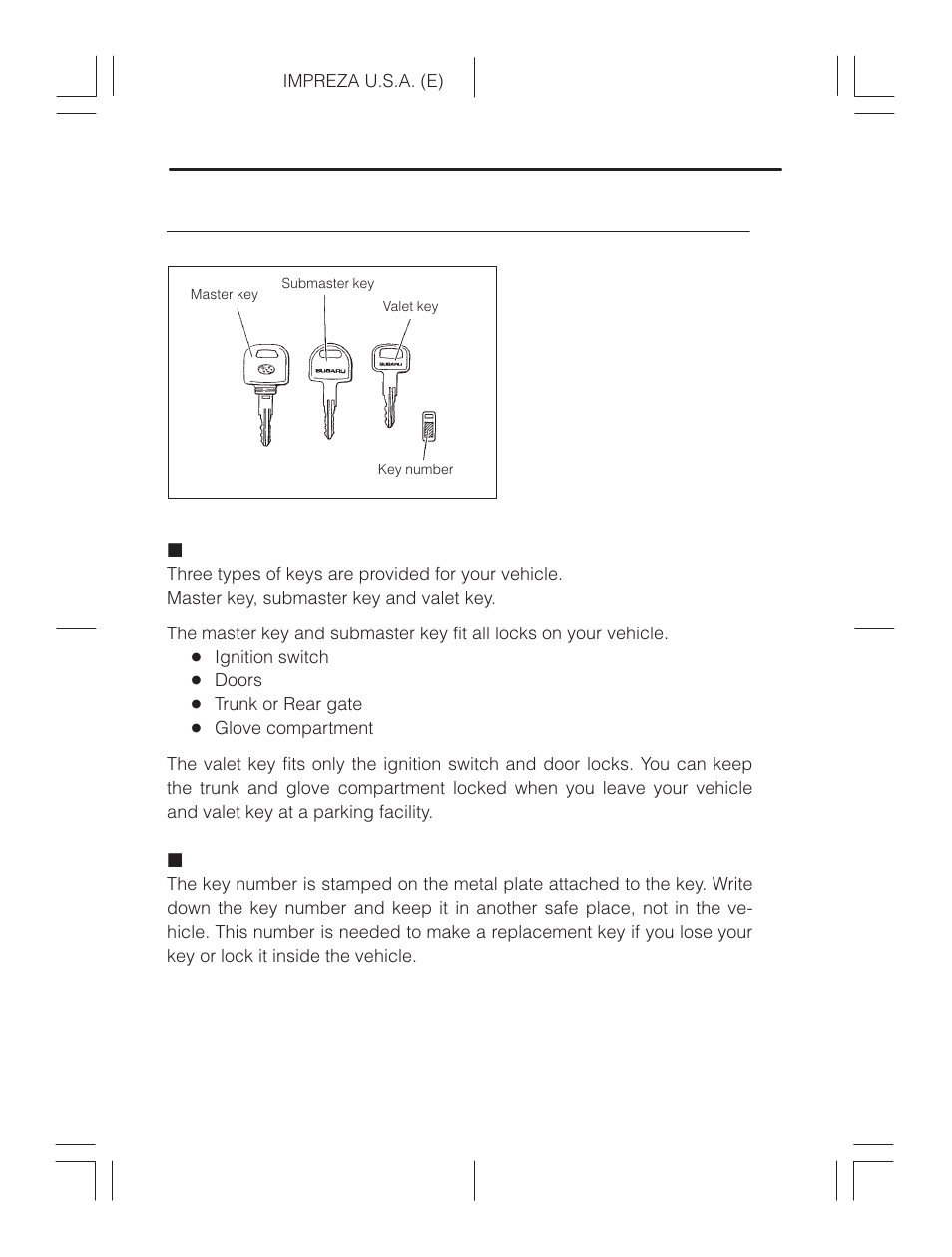 Keys, Master, submaster and valet key, Key number | Subaru Impreza 2.2L MT User Manual | Page 33 / 328