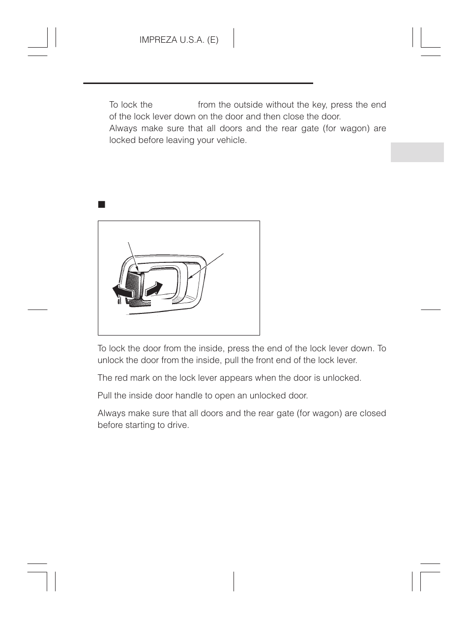 Locking and unlocking from the inside | Subaru Impreza 2.2L MT User Manual | Page 36 / 328