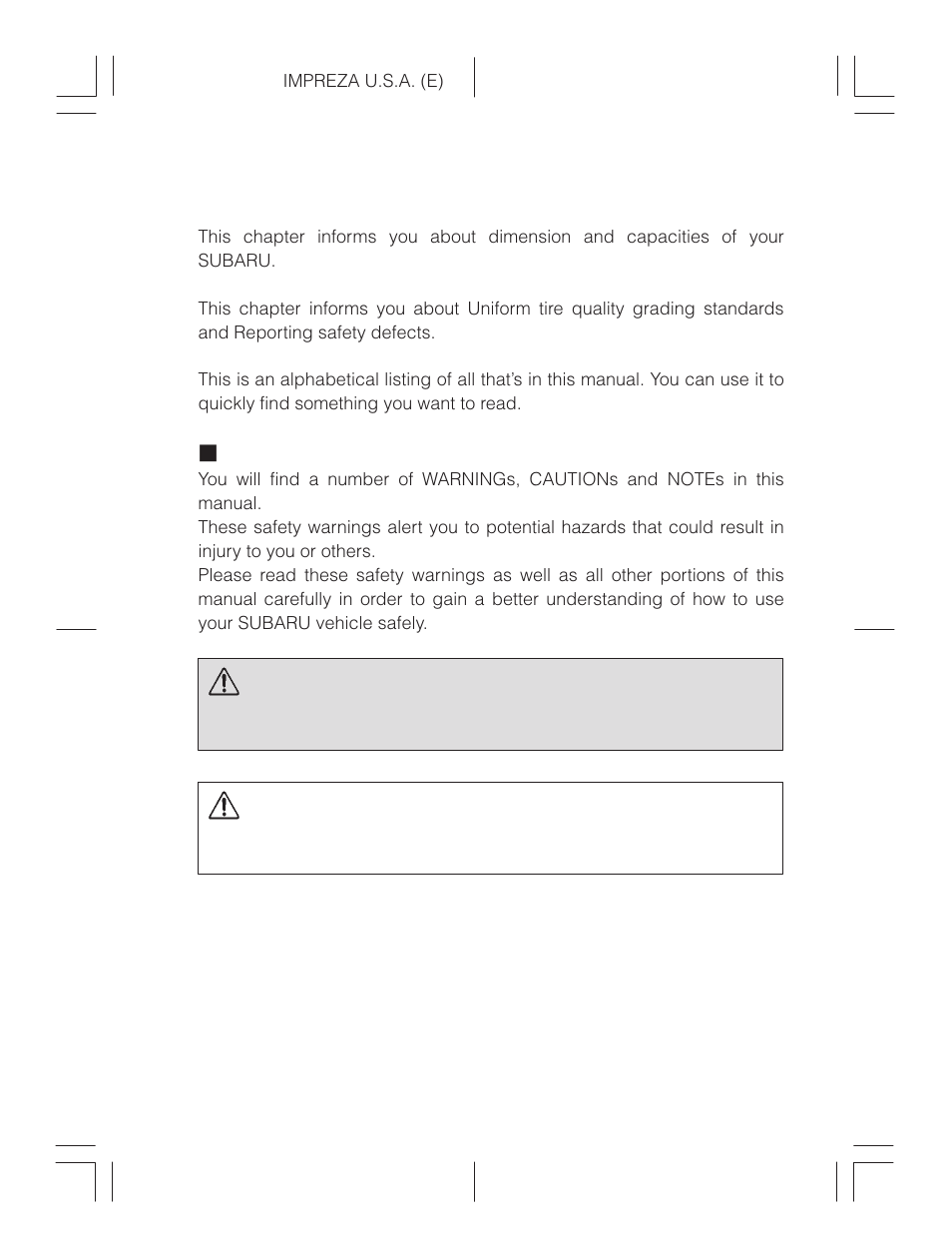 Safety warnings, Warning, Caution | Subaru Impreza 2.2L MT User Manual | Page 4 / 328