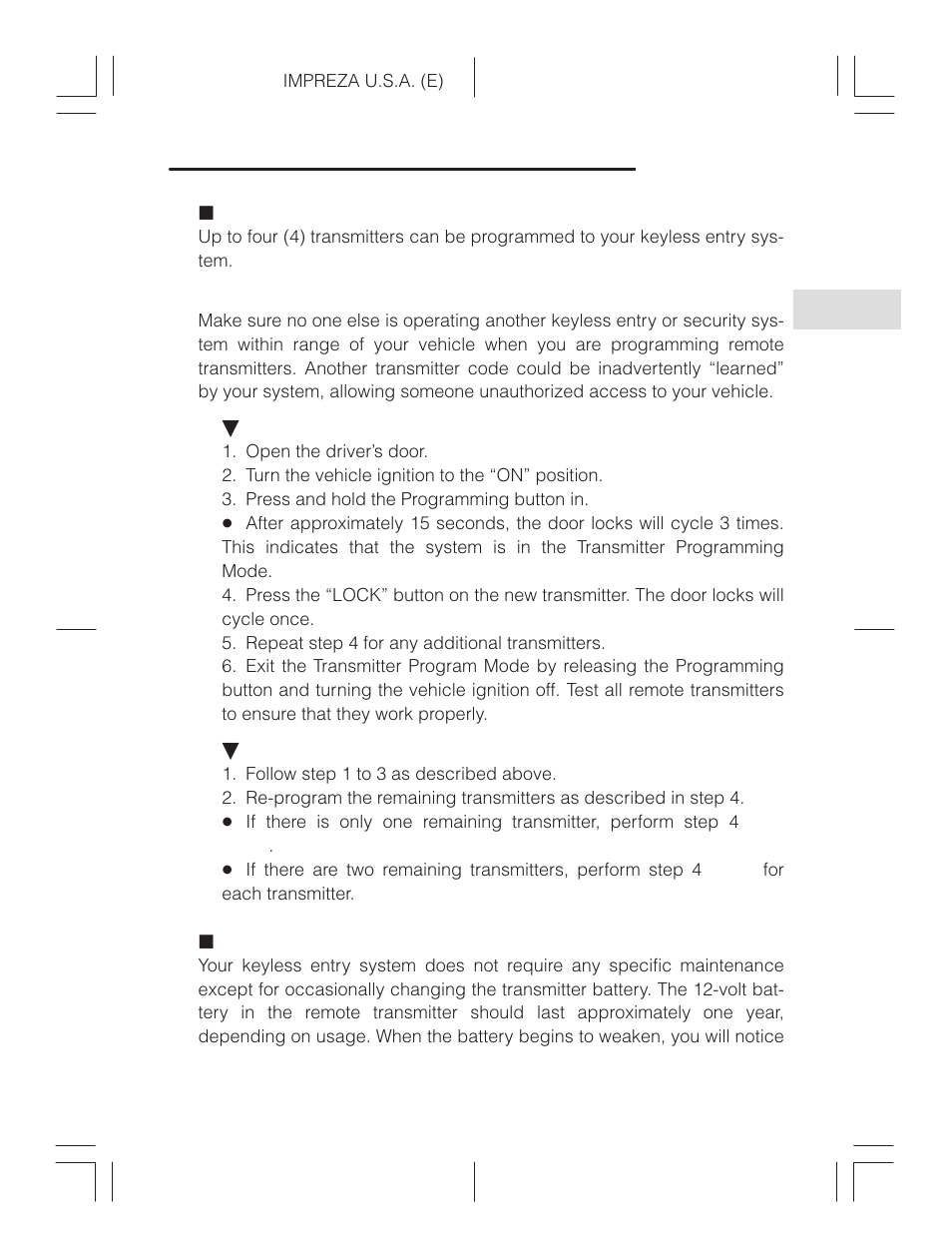 Adding or deleting remote transmitters, System maintenance | Subaru Impreza 2.2L MT User Manual | Page 42 / 328