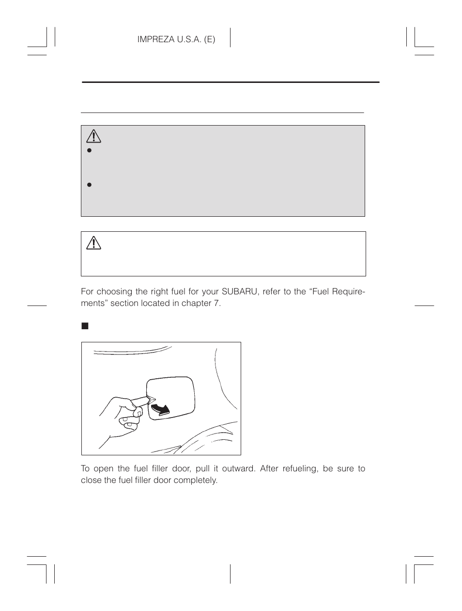 Fuel filler door and cap, To open and close the fuel filler door, Warning | Caution | Subaru Impreza 2.2L MT User Manual | Page 59 / 328