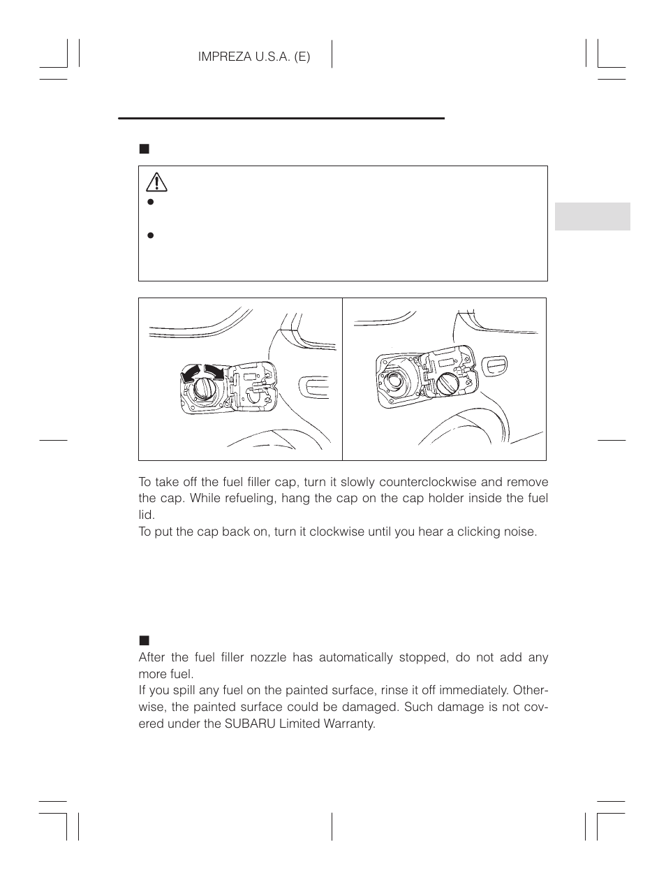 Fuel filler cap, Refueling, Caution | Subaru Impreza 2.2L MT User Manual | Page 60 / 328