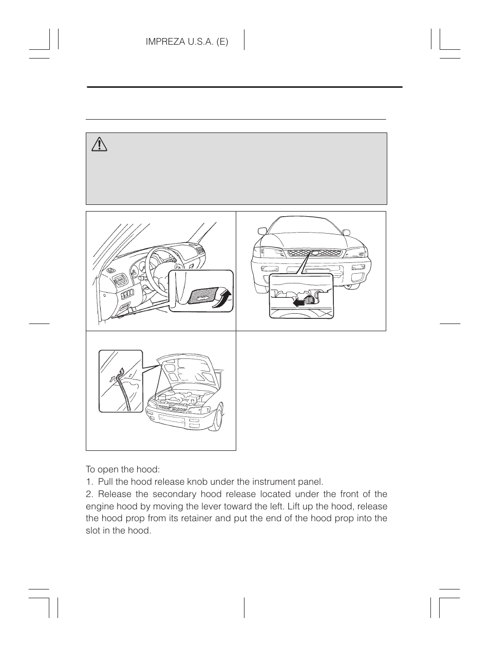 Engine hood, Warning | Subaru Impreza 2.2L MT User Manual | Page 61 / 328