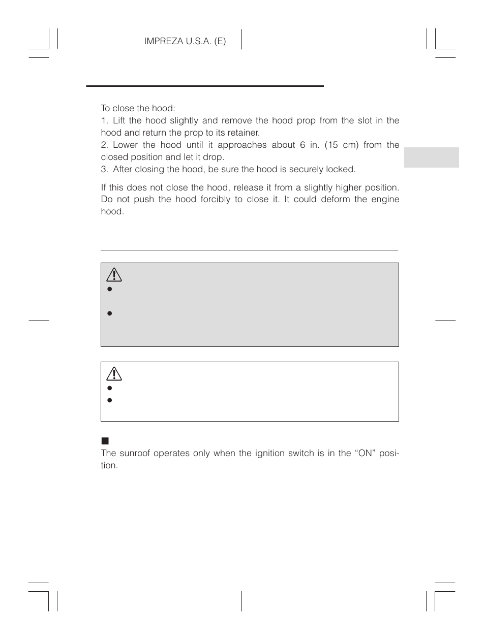 Sunroof (if equipped), Operation, Warning | Caution | Subaru Impreza 2.2L MT User Manual | Page 62 / 328