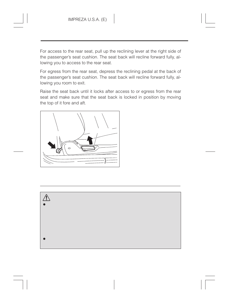 Rear seats, Warning | Subaru Impreza 2.2L MT User Manual | Page 72 / 328