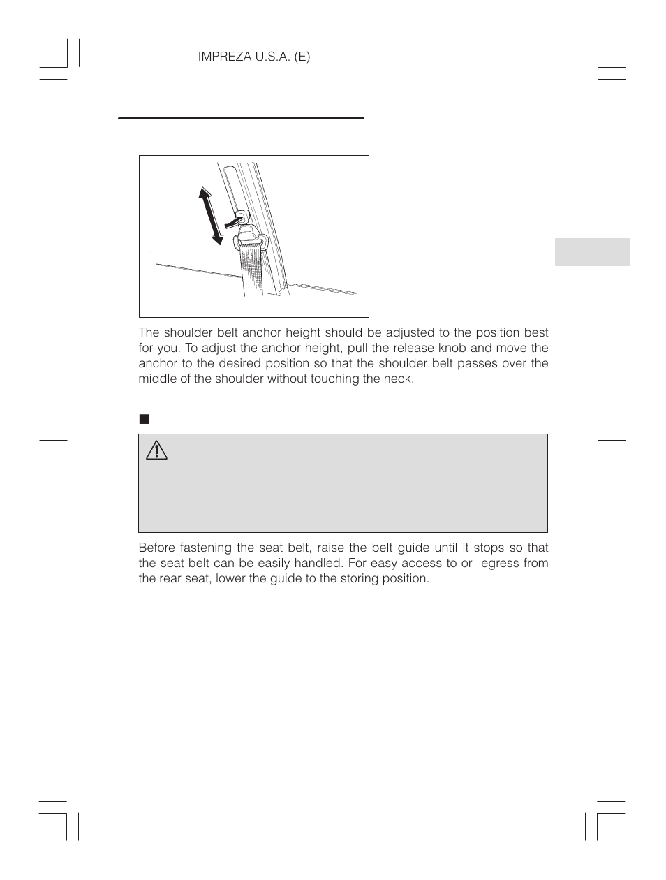 Seat belt guide (coupe), Warning | Subaru Impreza 2.2L MT User Manual | Page 81 / 328