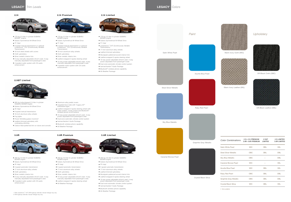 Legacy, Trim levels legacy, Colors | Paint upholstery | Subaru Legacy 2.5GT User Manual | Page 16 / 17