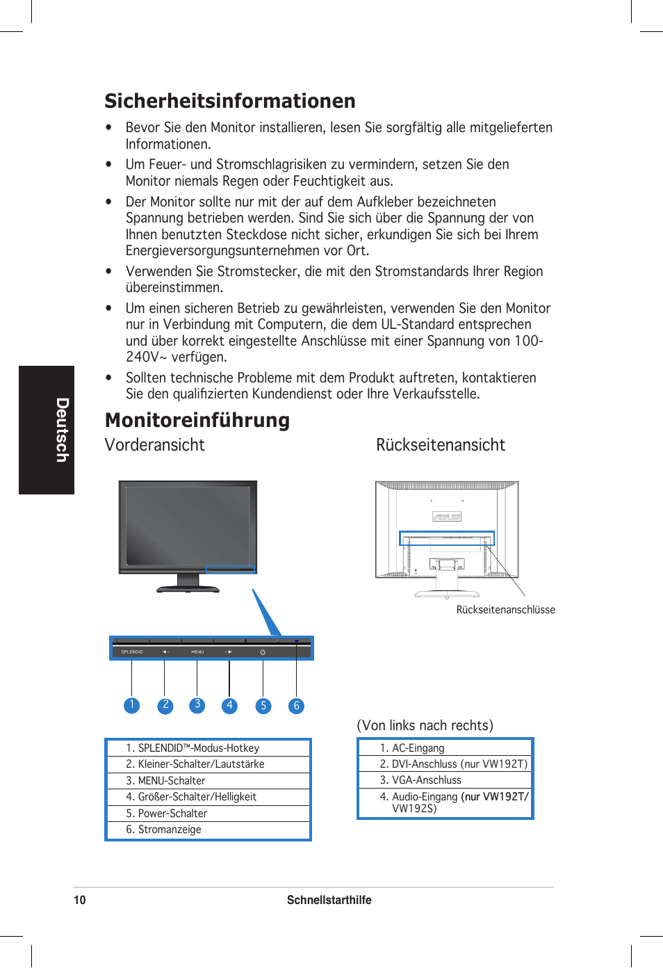 Sicherheitsinformationen, Monitoreinführung, Deutsch | Vorderansicht rückseitenansicht | Asus vw192 User Manual | Page 12 / 86