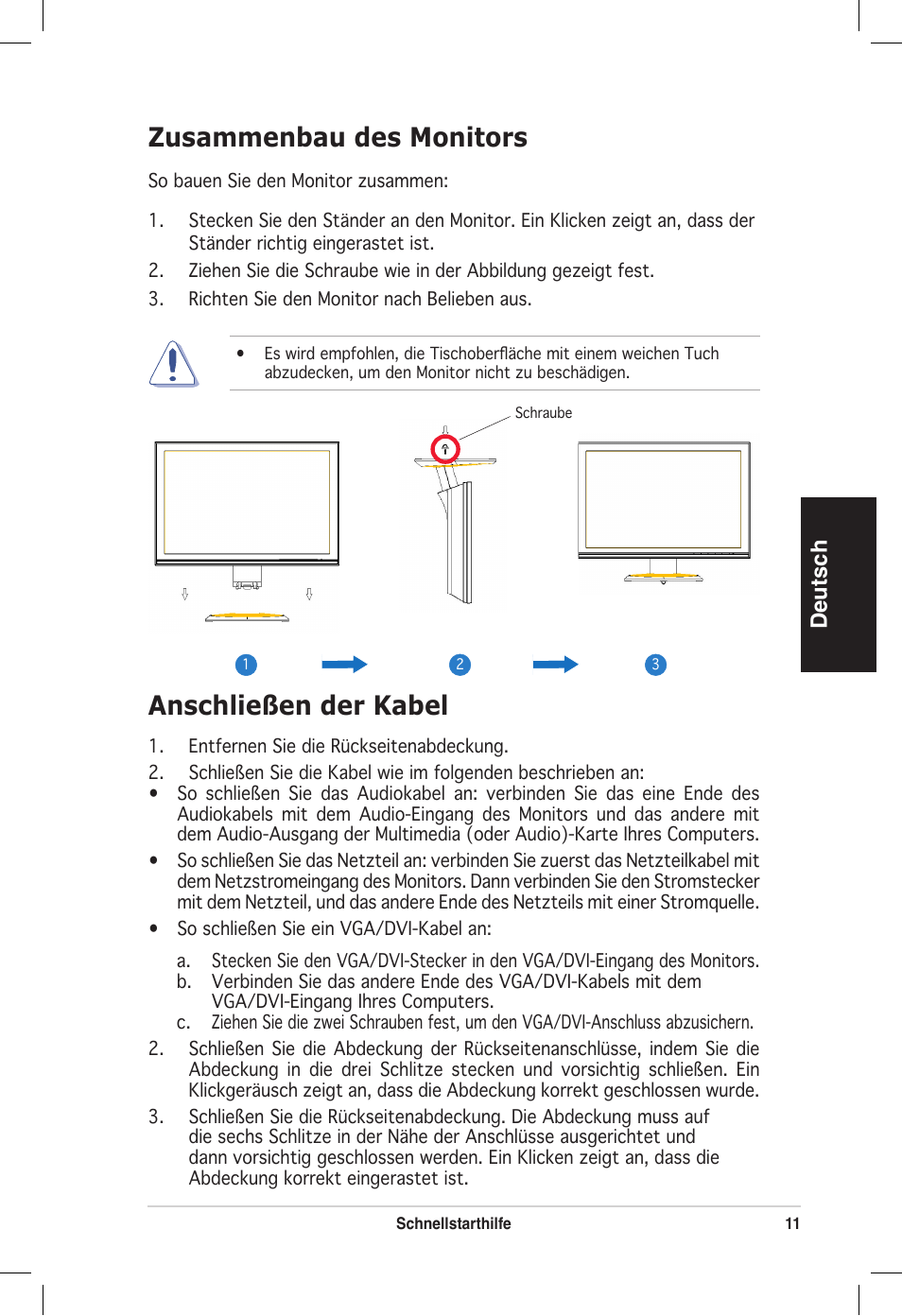 Anschließen der kabel, Zusammenbau des monitors, Deutsch | Asus vw192 User Manual | Page 13 / 86