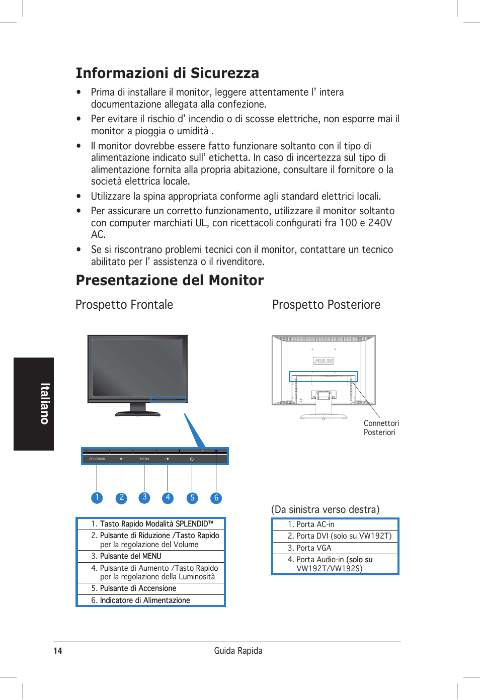 Informazioni di sicurezza, Presentazione del monitor, Italiano | Prospetto frontale prospetto posteriore | Asus vw192 User Manual | Page 16 / 86