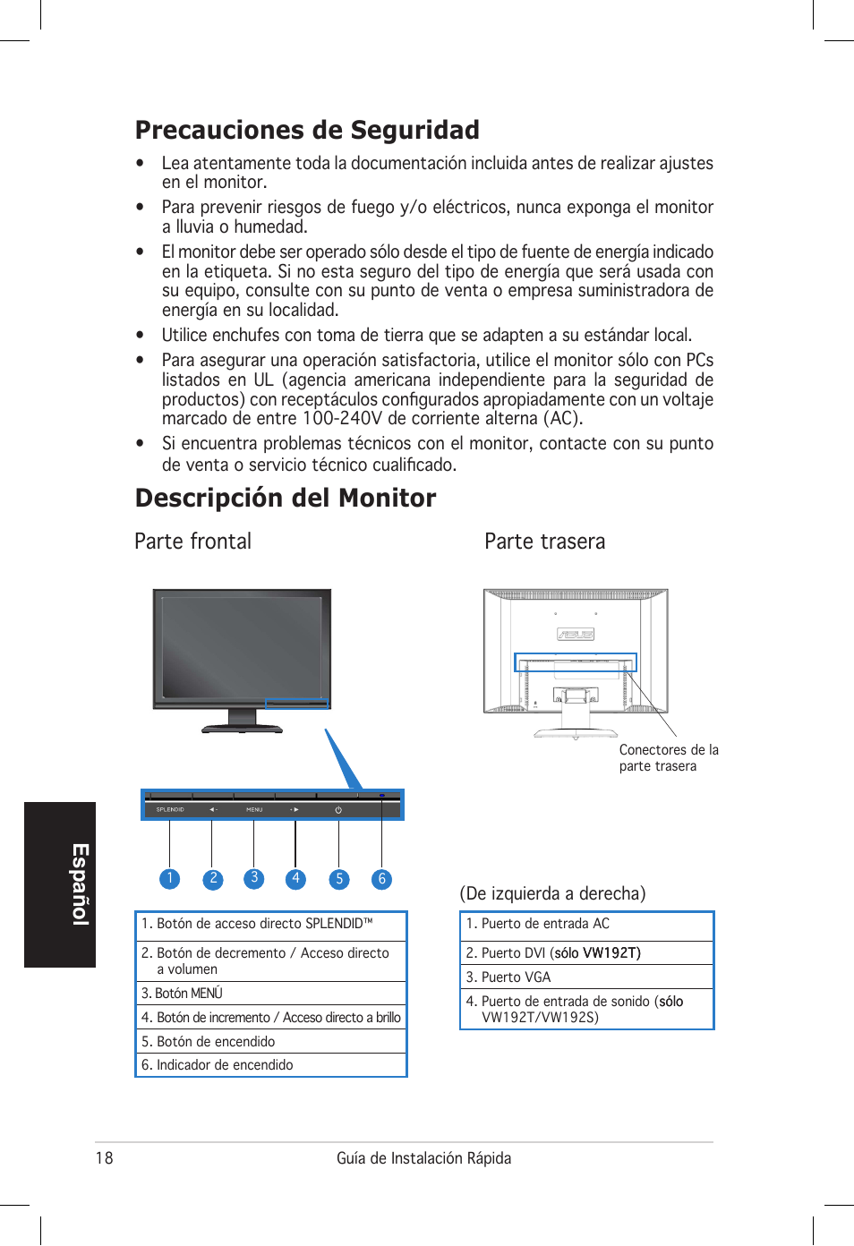 Precauciones de seguridad, Descripción del monitor, Español | Parte frontal parte trasera | Asus vw192 User Manual | Page 20 / 86