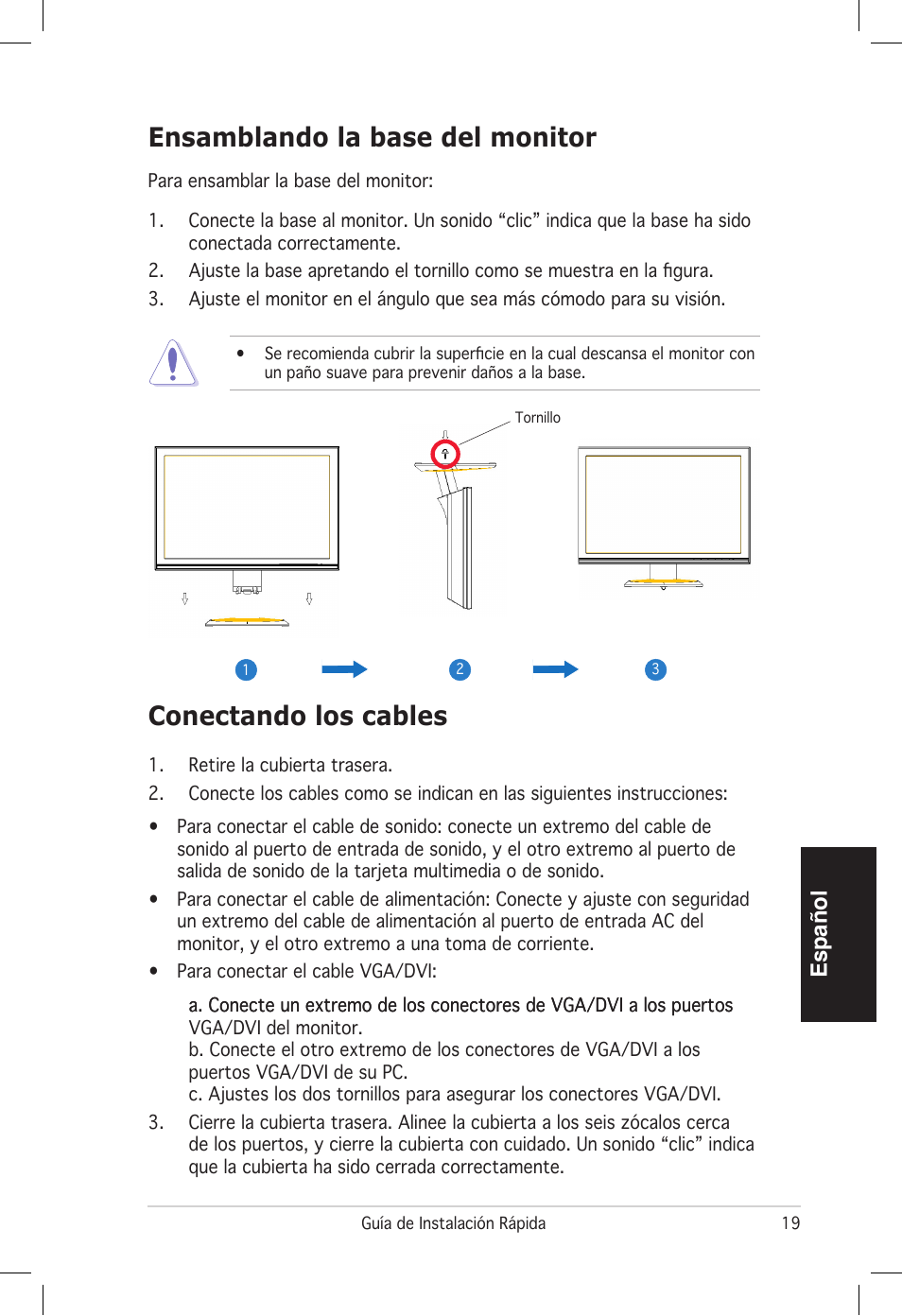 Conectando los cables, Ensamblando la base del monitor, Español | Asus vw192 User Manual | Page 21 / 86