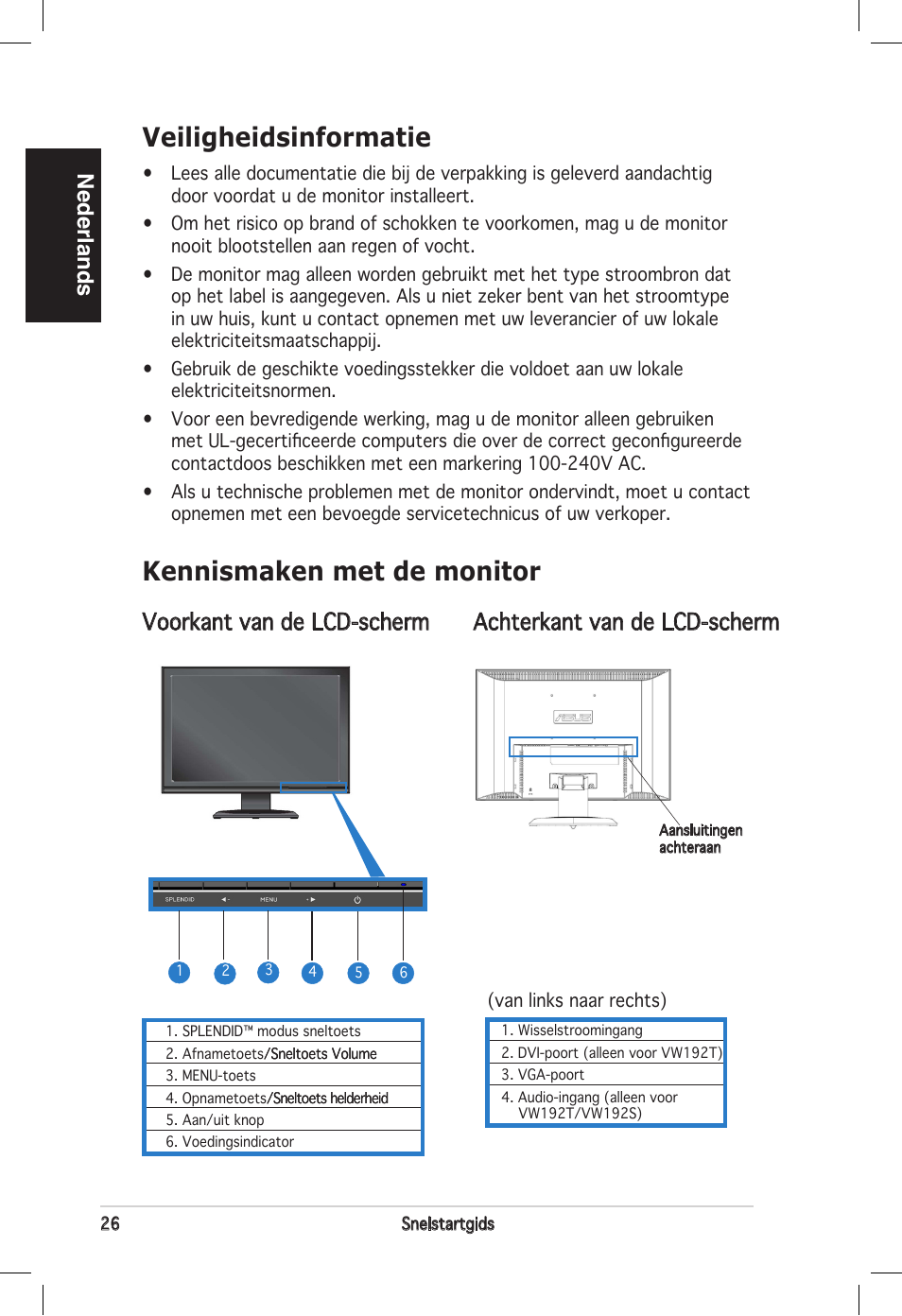 Veiligheidsinformatie, Kennismaken met de monitor, Nederlands | Asus vw192 User Manual | Page 28 / 86
