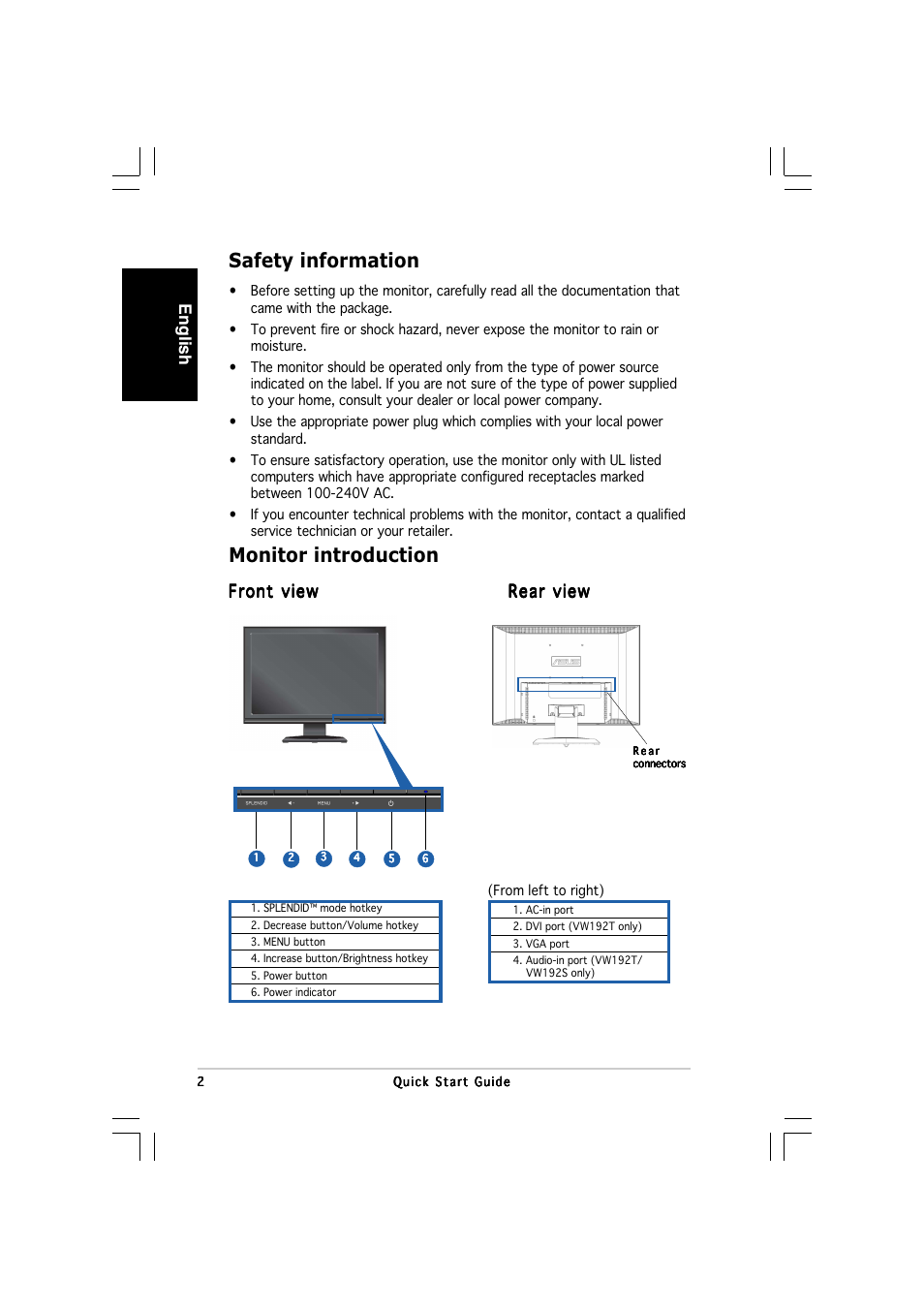 Safety information, Monitor introduction, English | Front view | Asus vw192 User Manual | Page 4 / 86