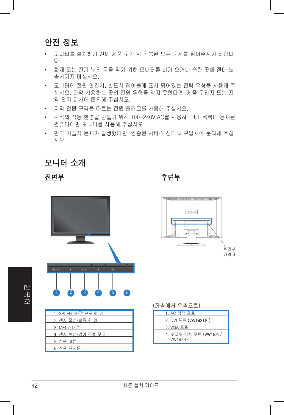 안전 정보, 모니터 소개, 전면부 후면부 | Asus vw192 User Manual | Page 44 / 86