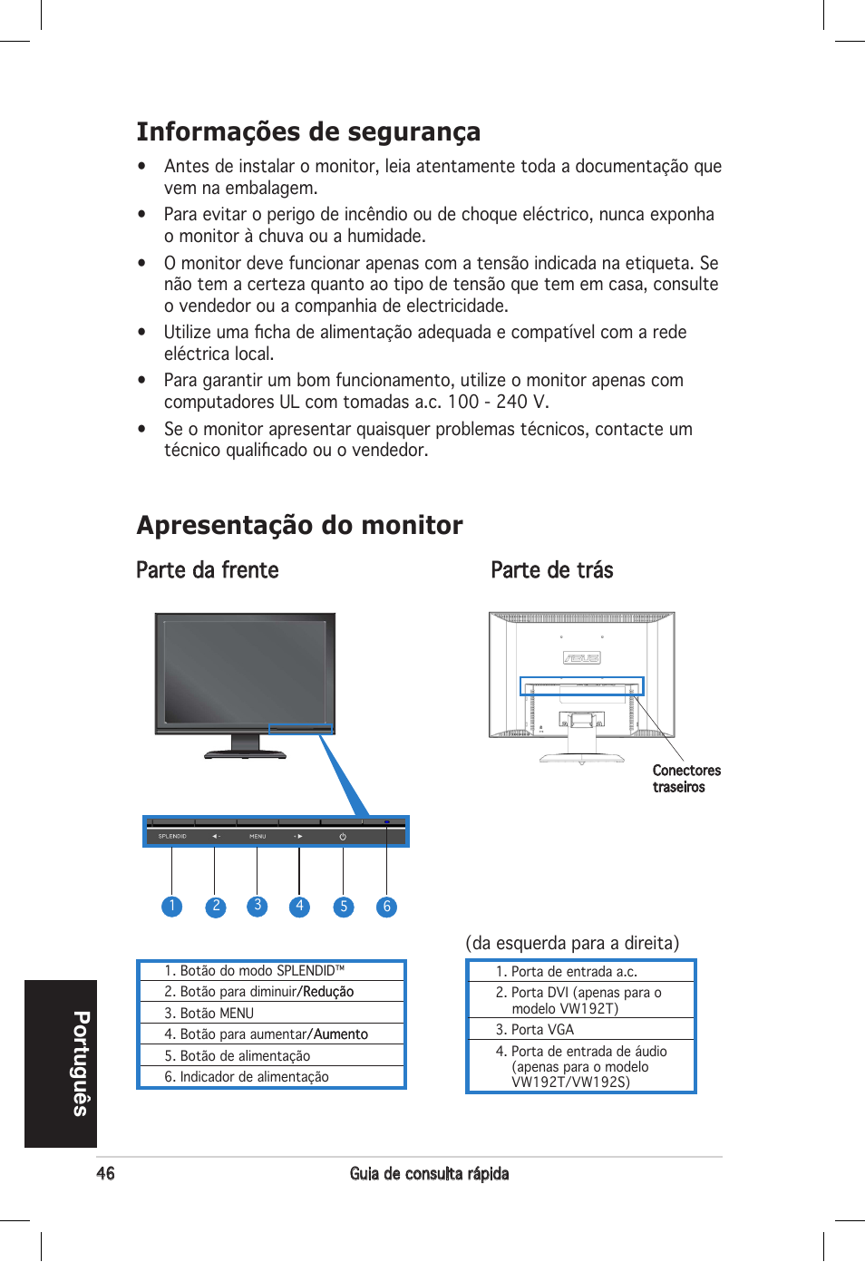 Informações de segurança, Apresentação do monitor, Português | Parte da frente parte de trás | Asus vw192 User Manual | Page 48 / 86