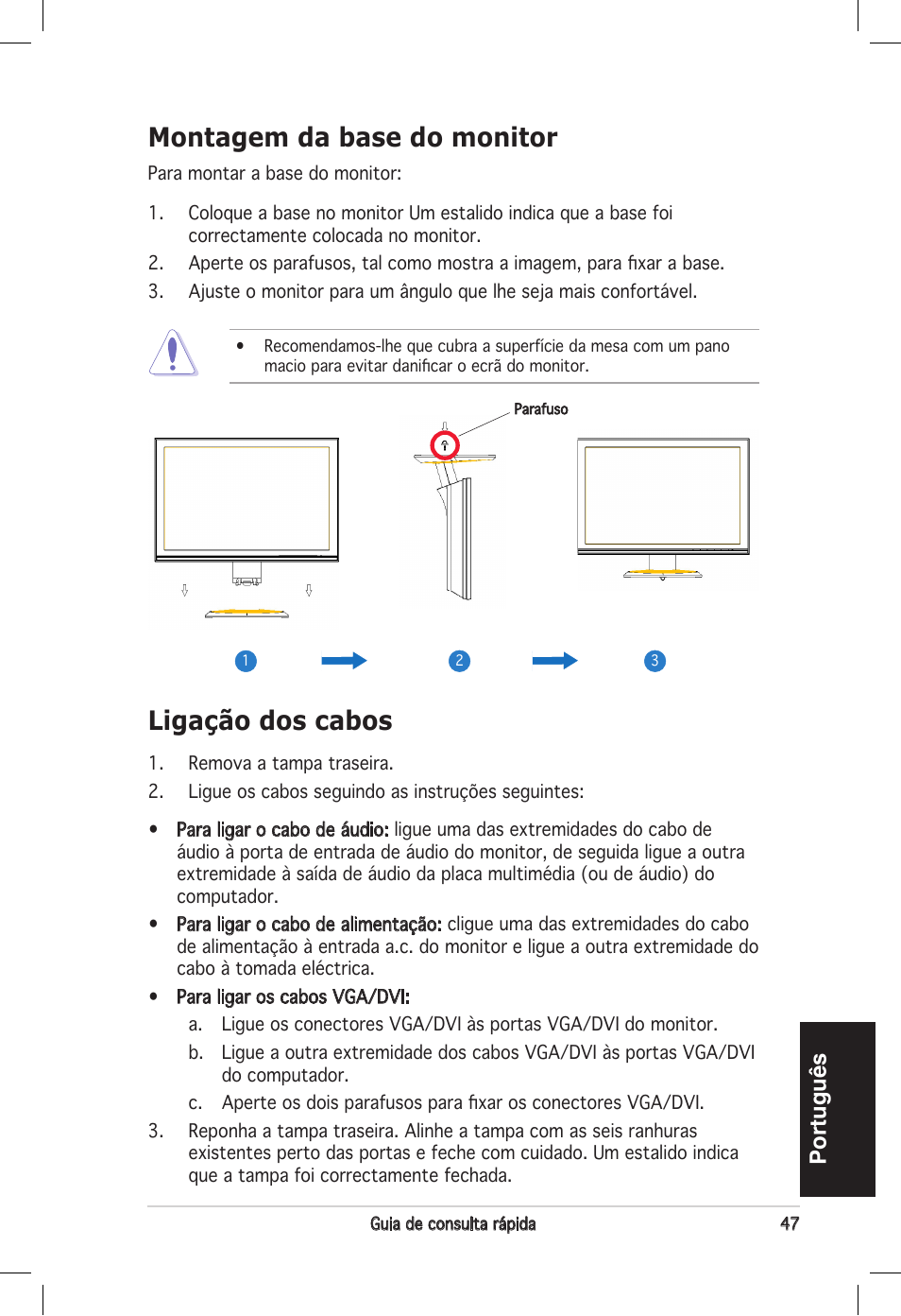 Ligação dos cabos, Montagem da base do monitor, Português | Asus vw192 User Manual | Page 49 / 86