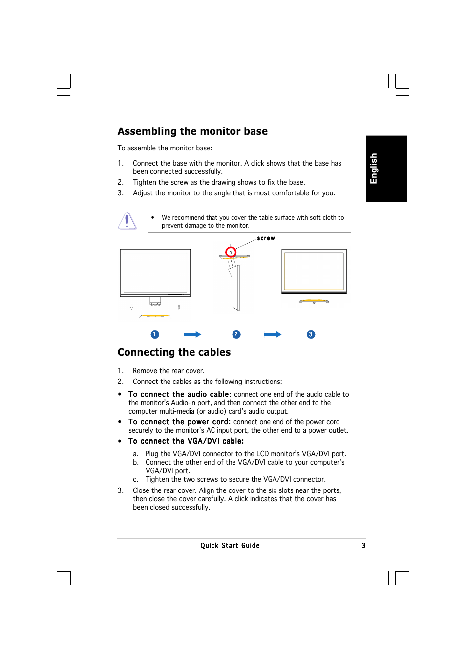 Connecting the cables, Assembling the monitor base, English | Asus vw192 User Manual | Page 5 / 86