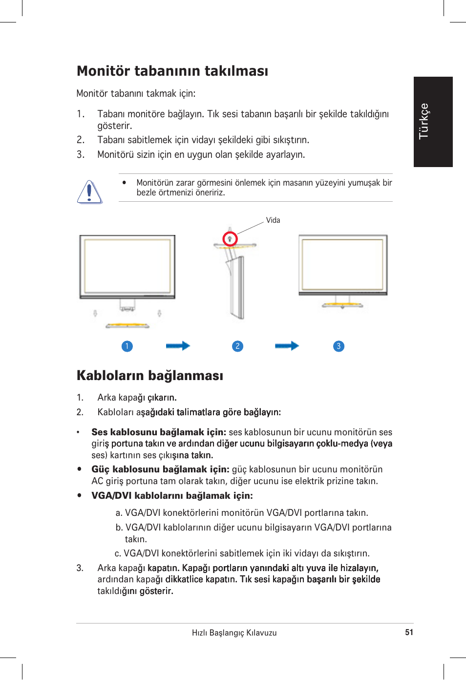 Kablolar›n ba¤lanmas, Monitör tabanının takılması, Türkçe | Asus vw192 User Manual | Page 53 / 86