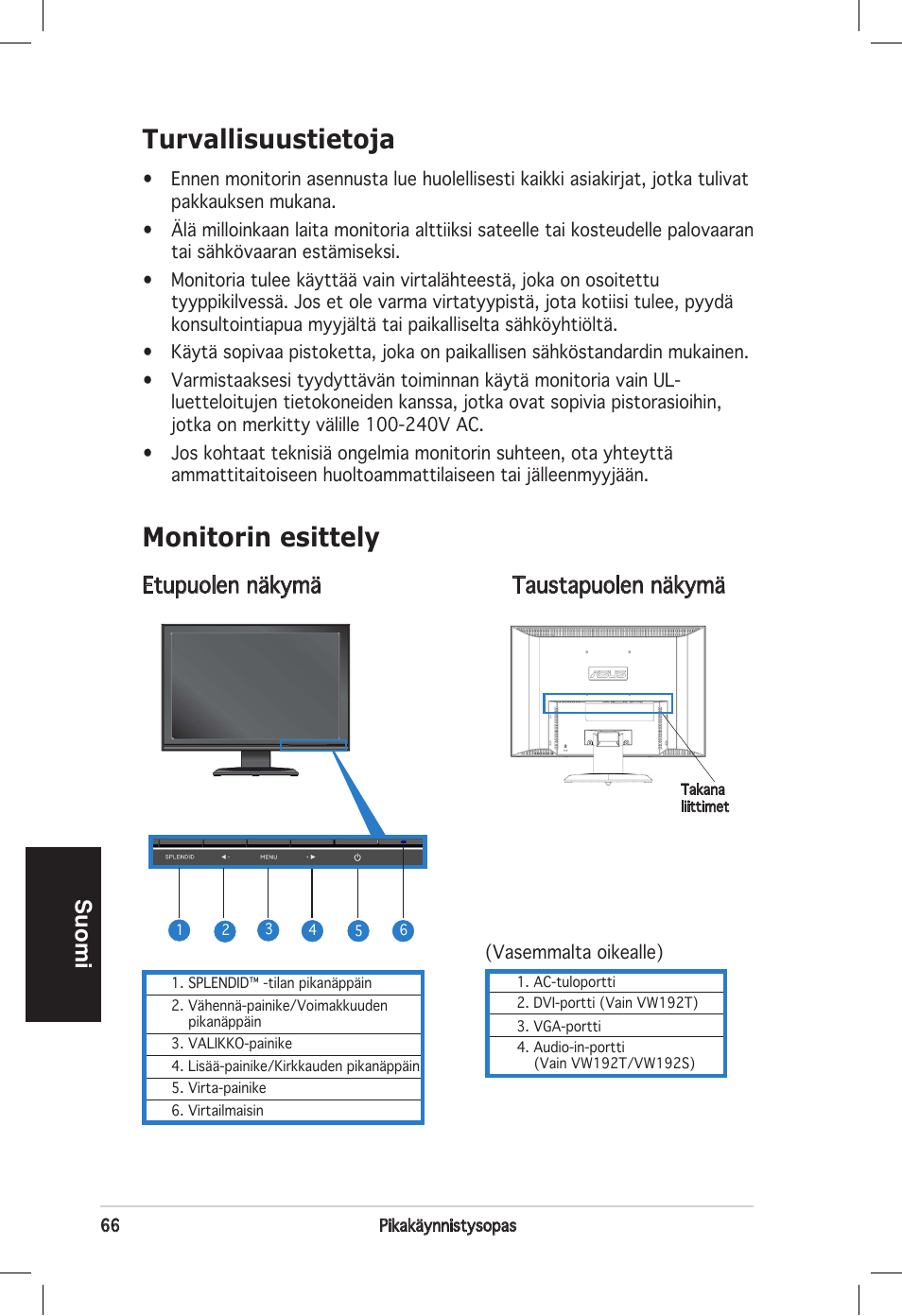 Turvallisuustietoja, Monitorin esittely, Suomi | Etupuolen näkymä taustapuolen näkymä | Asus vw192 User Manual | Page 68 / 86