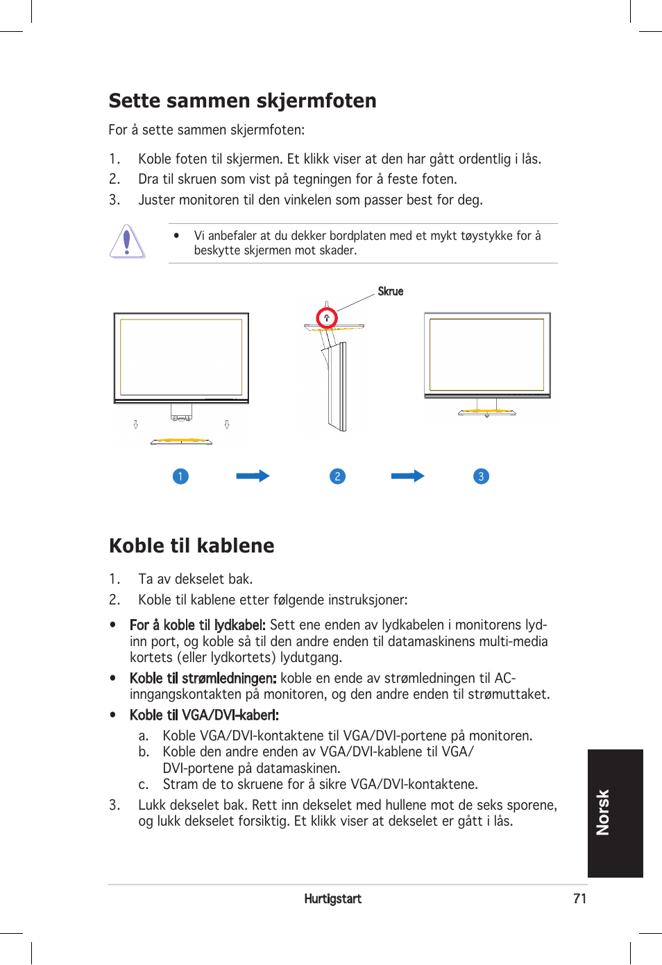 Koble til kablene, Sette sammen skjermfoten, Norsk | Asus vw192 User Manual | Page 73 / 86