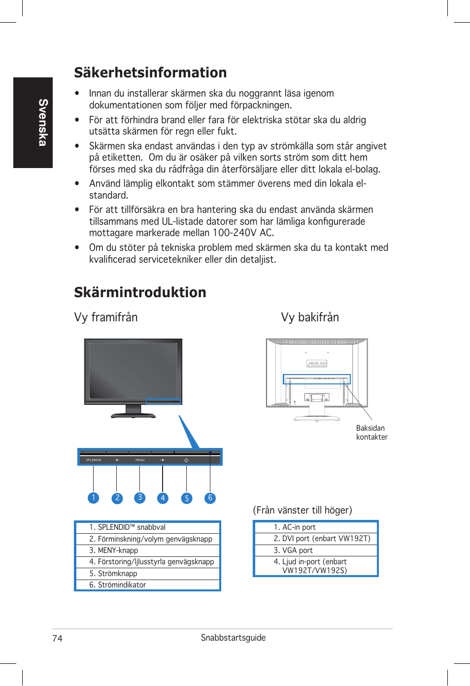 Säkerhetsinformation, Skärmintroduktion, Svenska | Vy framifrån vy bakifrån | Asus vw192 User Manual | Page 76 / 86