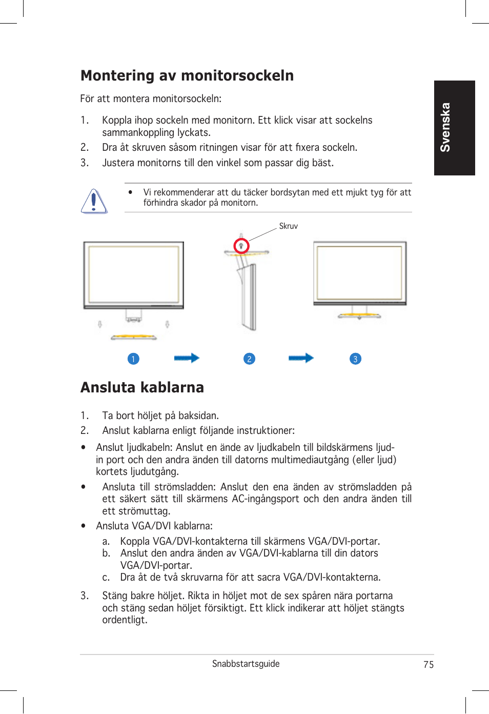 Ansluta kablarna, Montering av monitorsockeln, Svenska | Asus vw192 User Manual | Page 77 / 86