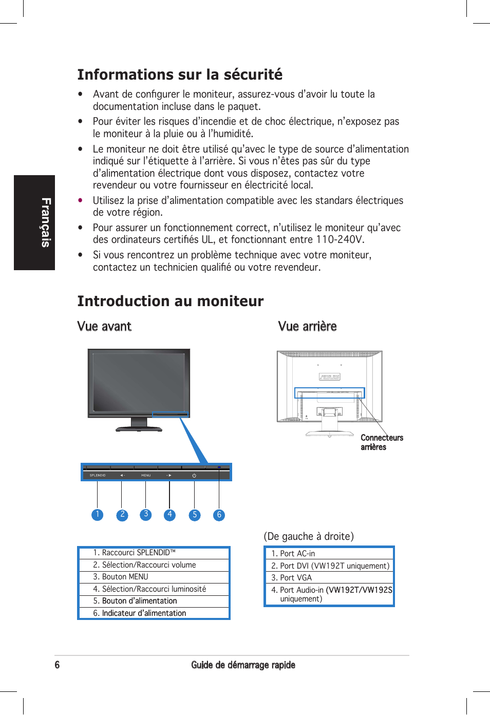 Informations sur la sécurité, Introduction au moniteur, Français | Vue avant vue arrière | Asus vw192 User Manual | Page 8 / 86