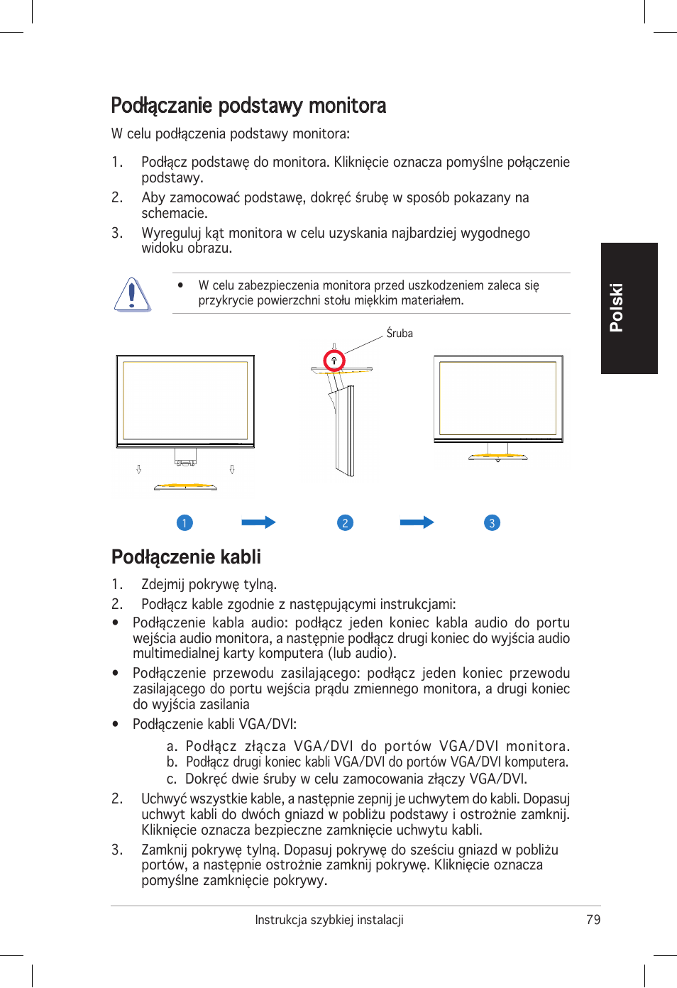 Podłączenie kabli, Podłączanie podstawy monitora, Polski | Asus vw192 User Manual | Page 81 / 86