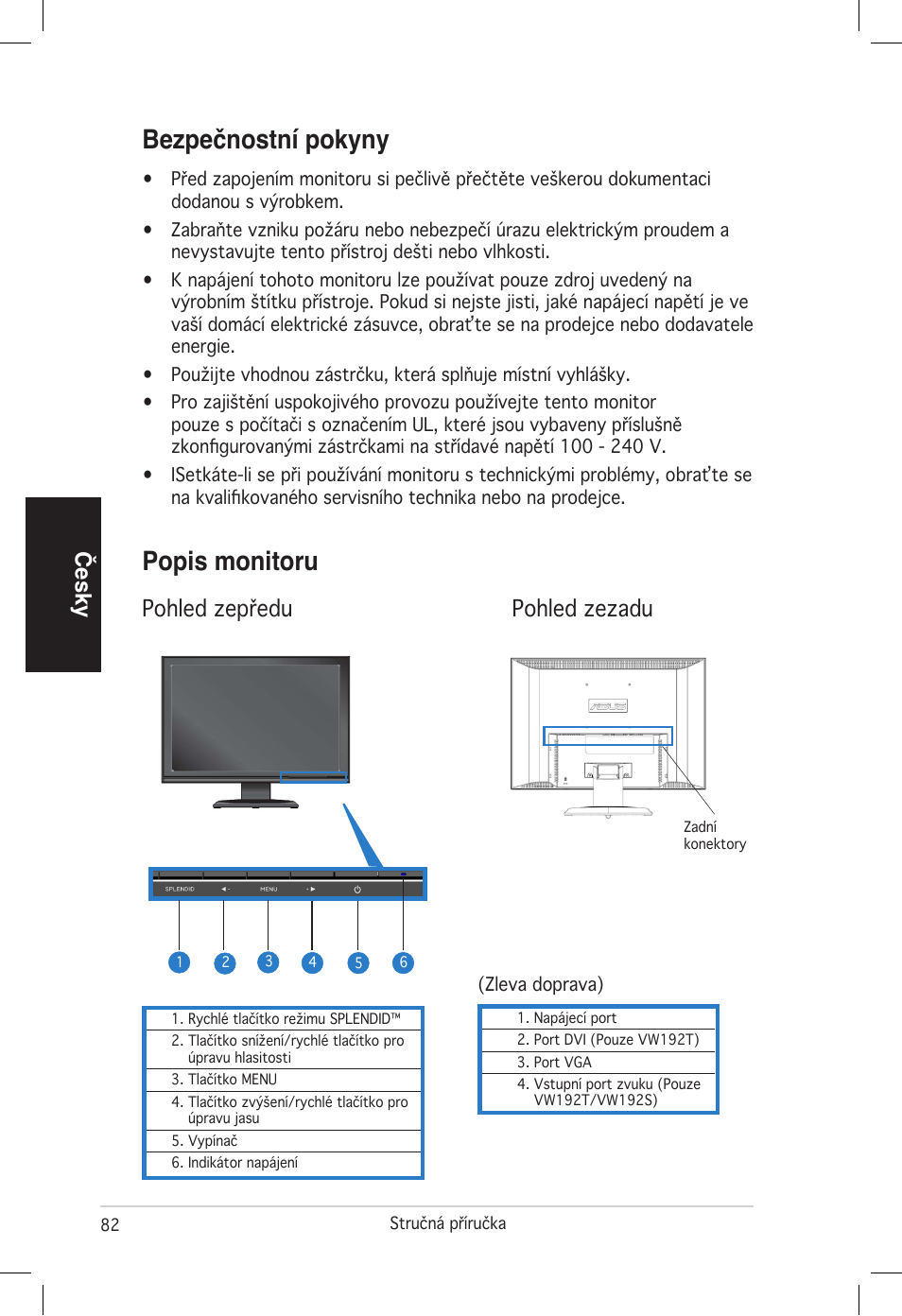 Bezpečnostní pokyny, Popis monitoru, Česky | Pohled zepředu pohled zezadu | Asus vw192 User Manual | Page 84 / 86