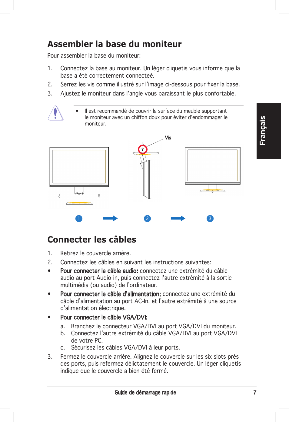 Assembler la base du moniteur, Connecter les câbles, Français | Asus vw192 User Manual | Page 9 / 86