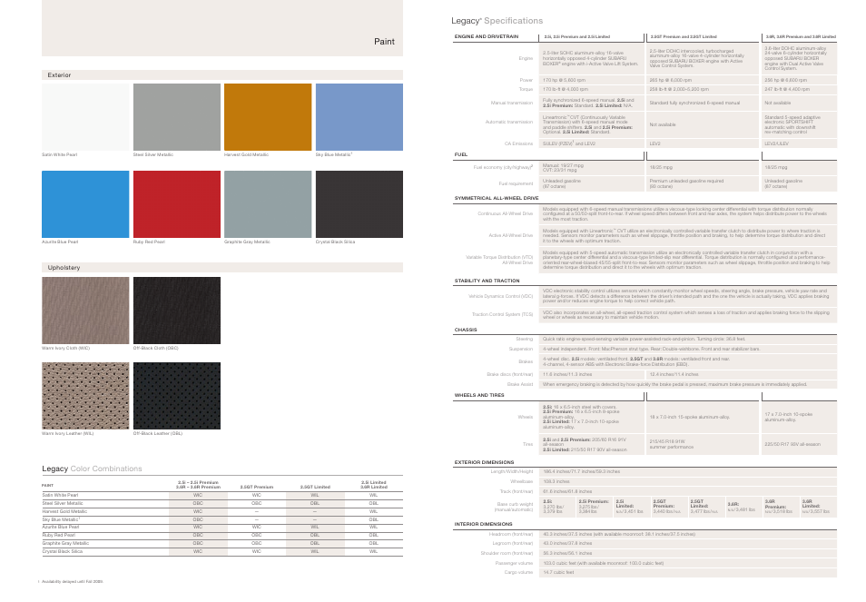 Legacy, Specifications, Paint | Subaru Legacy 3.6R Premium User Manual | Page 17 / 20