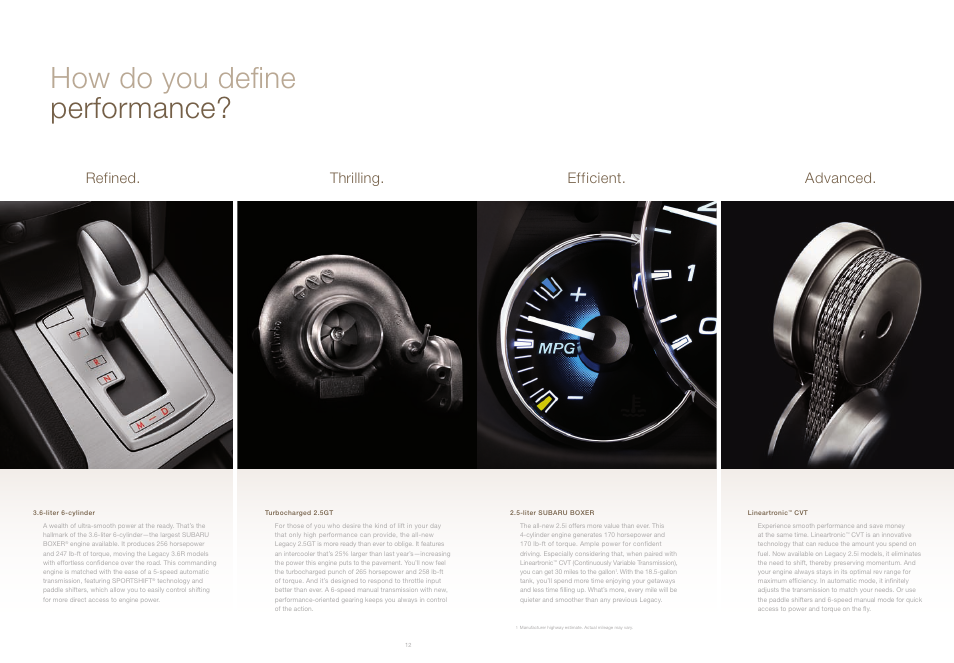 How do you define performance, Refined. advanced. thrilling. efficient | Subaru Legacy 3.6R Premium User Manual | Page 8 / 20