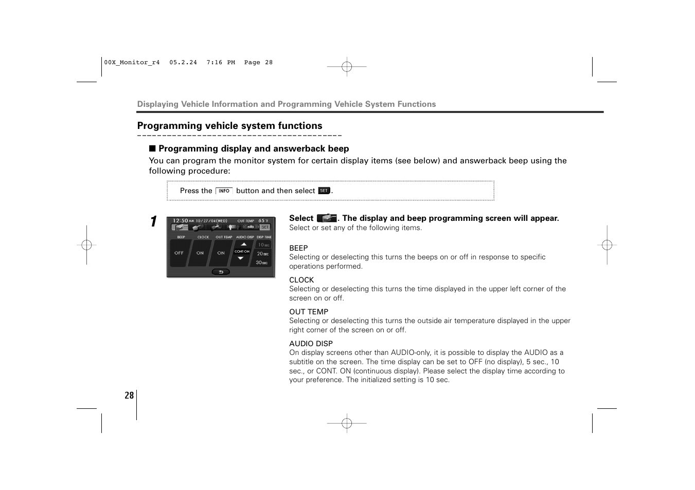 Programming vehicle system functions, Programming display and answerback beep | Subaru Monitor User Manual | Page 27 / 42