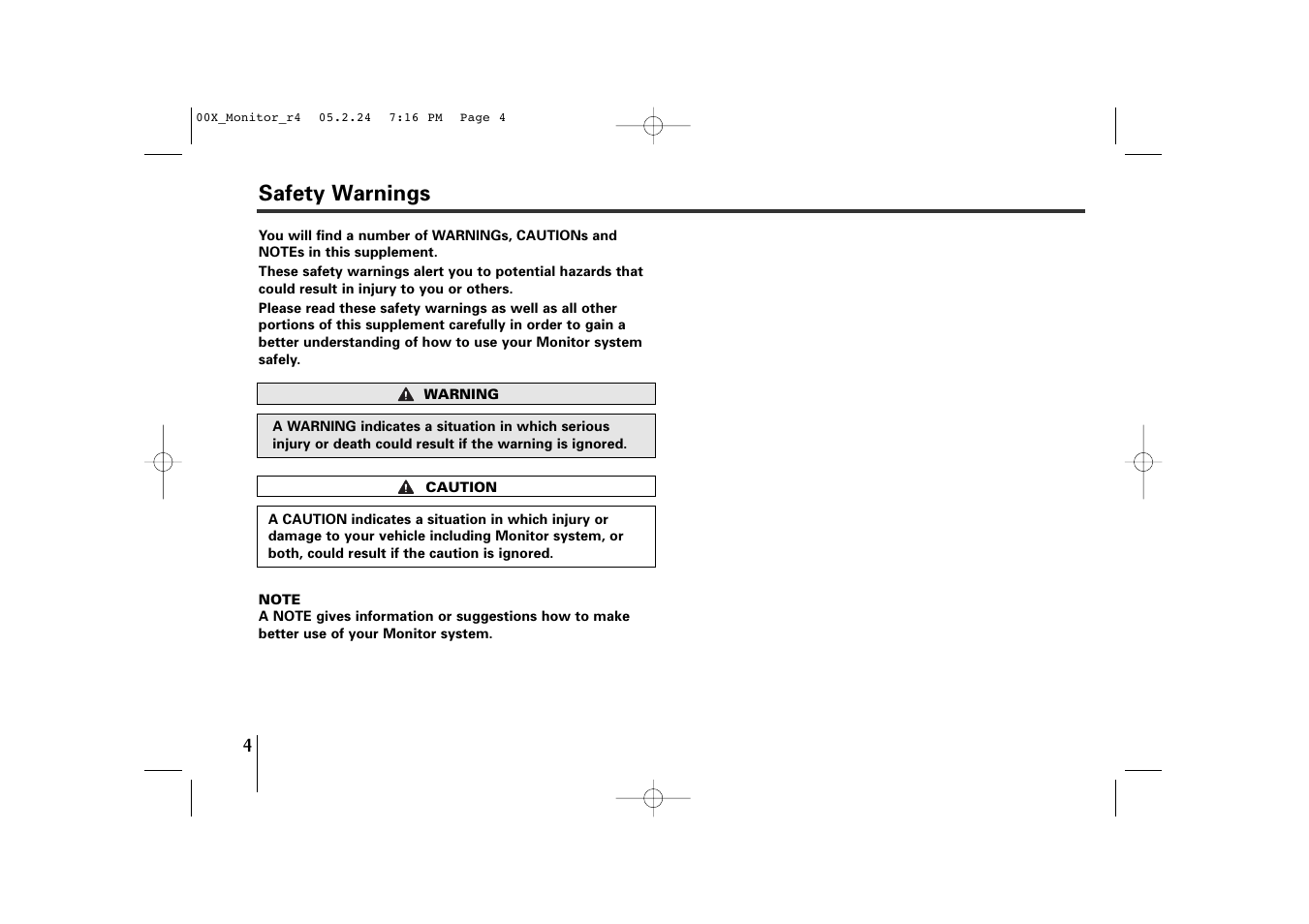 Safety warnings | Subaru Monitor User Manual | Page 3 / 42