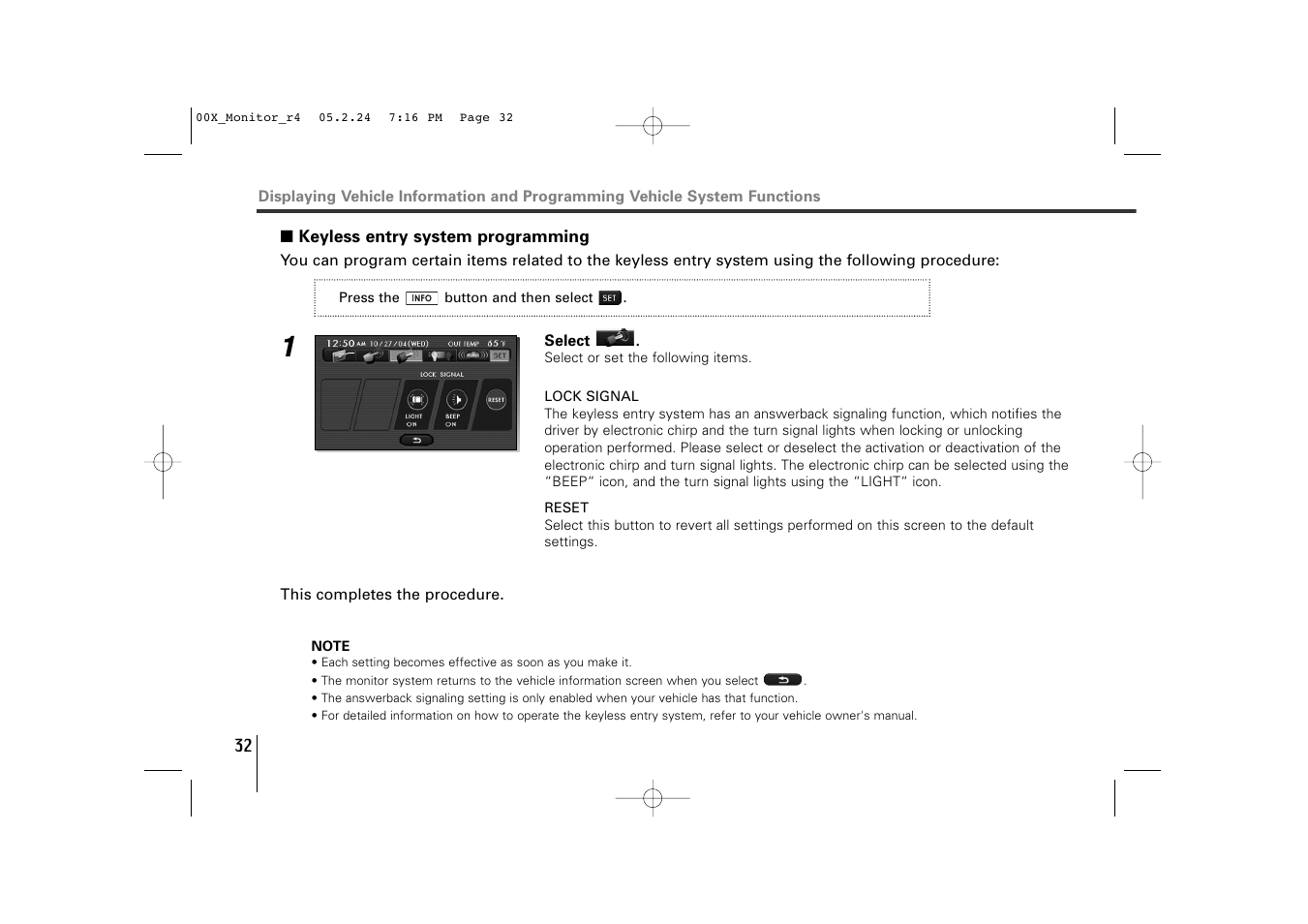 Keyless entry system programming | Subaru Monitor User Manual | Page 31 / 42