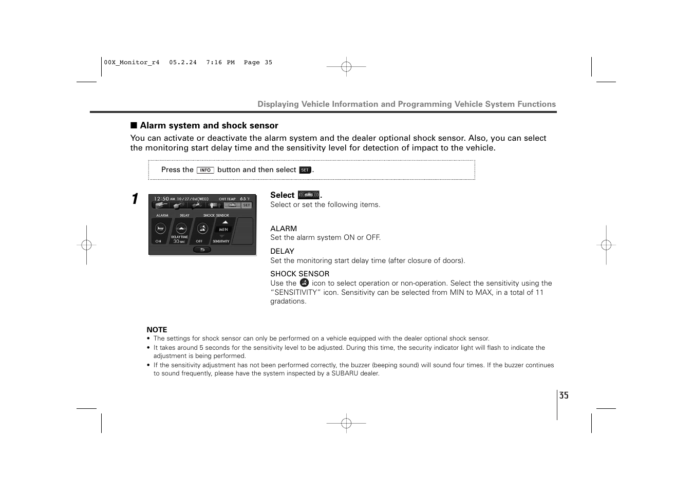 Alarm system and shock sensor | Subaru Monitor User Manual | Page 34 / 42