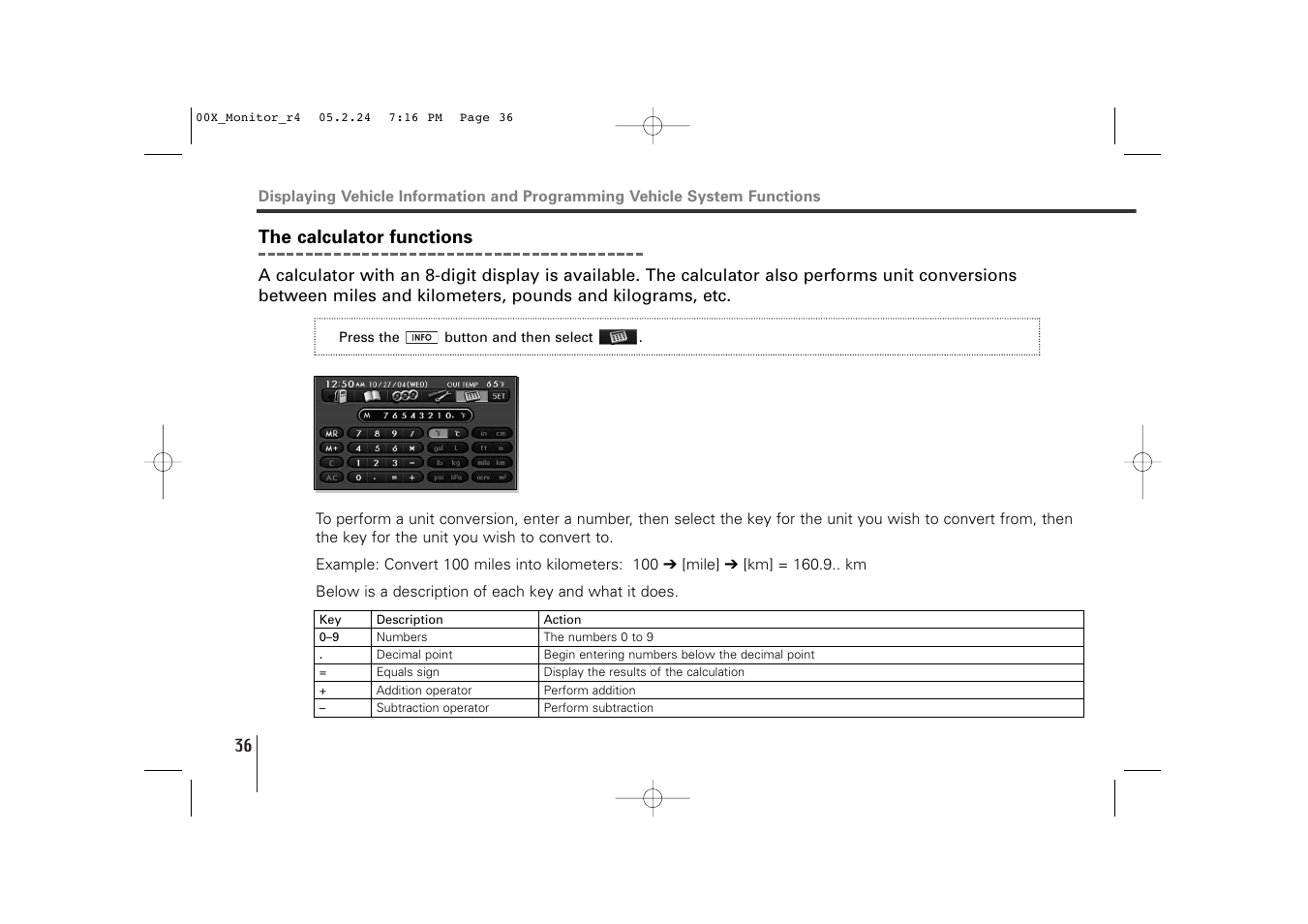 The calculator functions | Subaru Monitor User Manual | Page 35 / 42