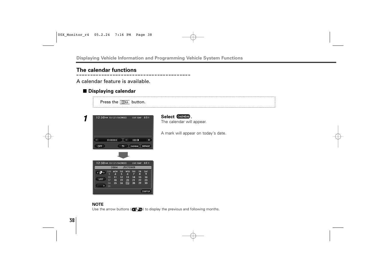 The calendar functions, Displaying calendar | Subaru Monitor User Manual | Page 37 / 42