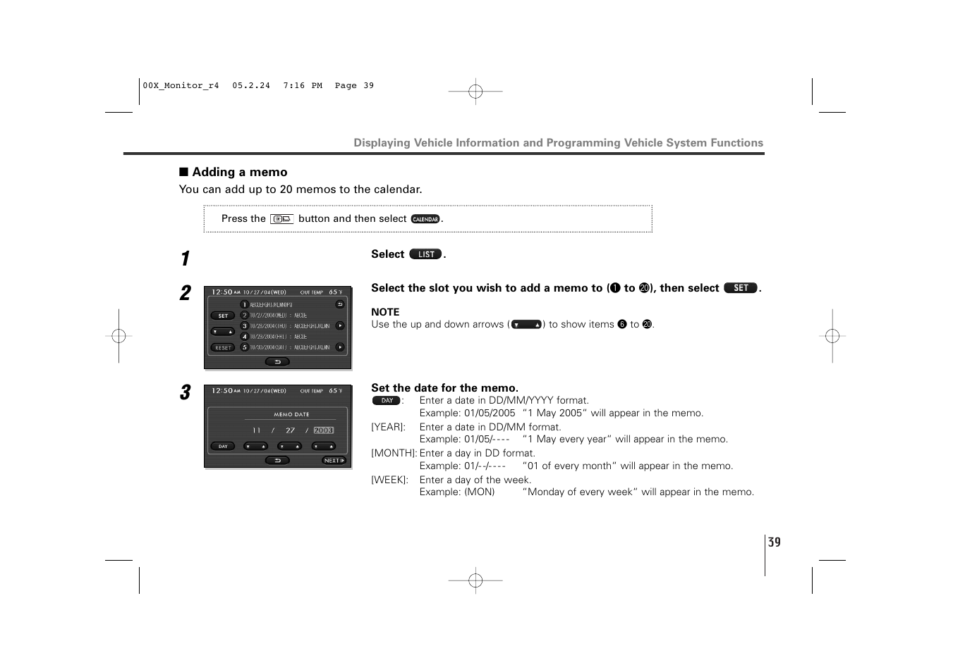 Adding a memo | Subaru Monitor User Manual | Page 38 / 42