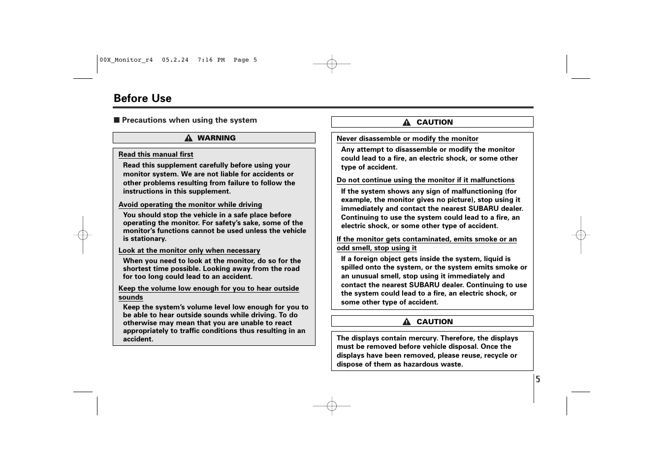 Before use | Subaru Monitor User Manual | Page 4 / 42